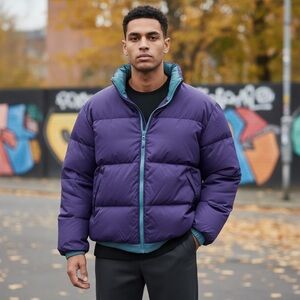 Columbia Jacket Mens XL Reversible Purple Blue Down Puffer‎ Coat Full Zip Up